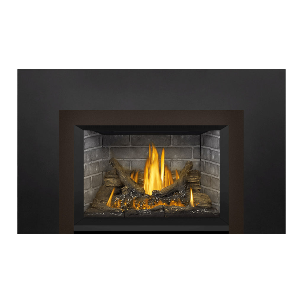 Direct vent gas fireplace insert with brick firebox, glowing embers, and open flame