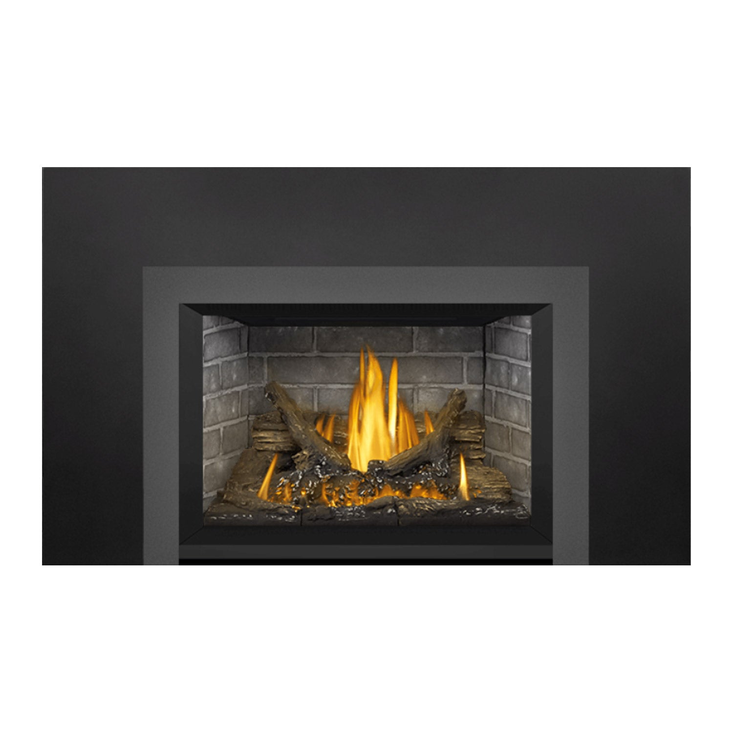 Gas direct vent fireplace insert showing flames behind a dark inset viewing frame