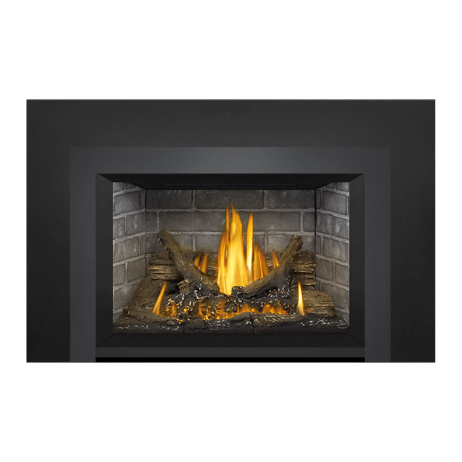 Direct vent gas fireplace insert with central flame and brick firebox with embers