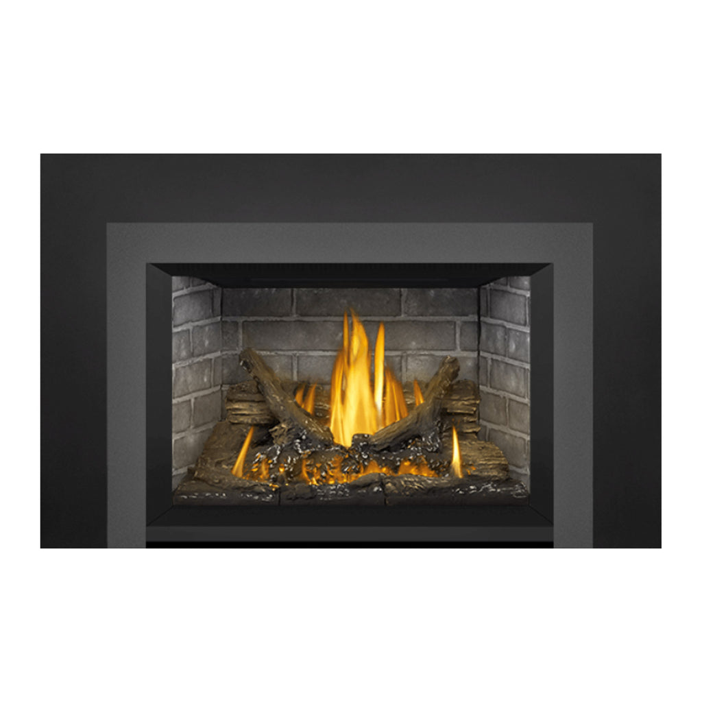 Gas direct vent fireplace insert with dark surround and glowing yellow-orange flames