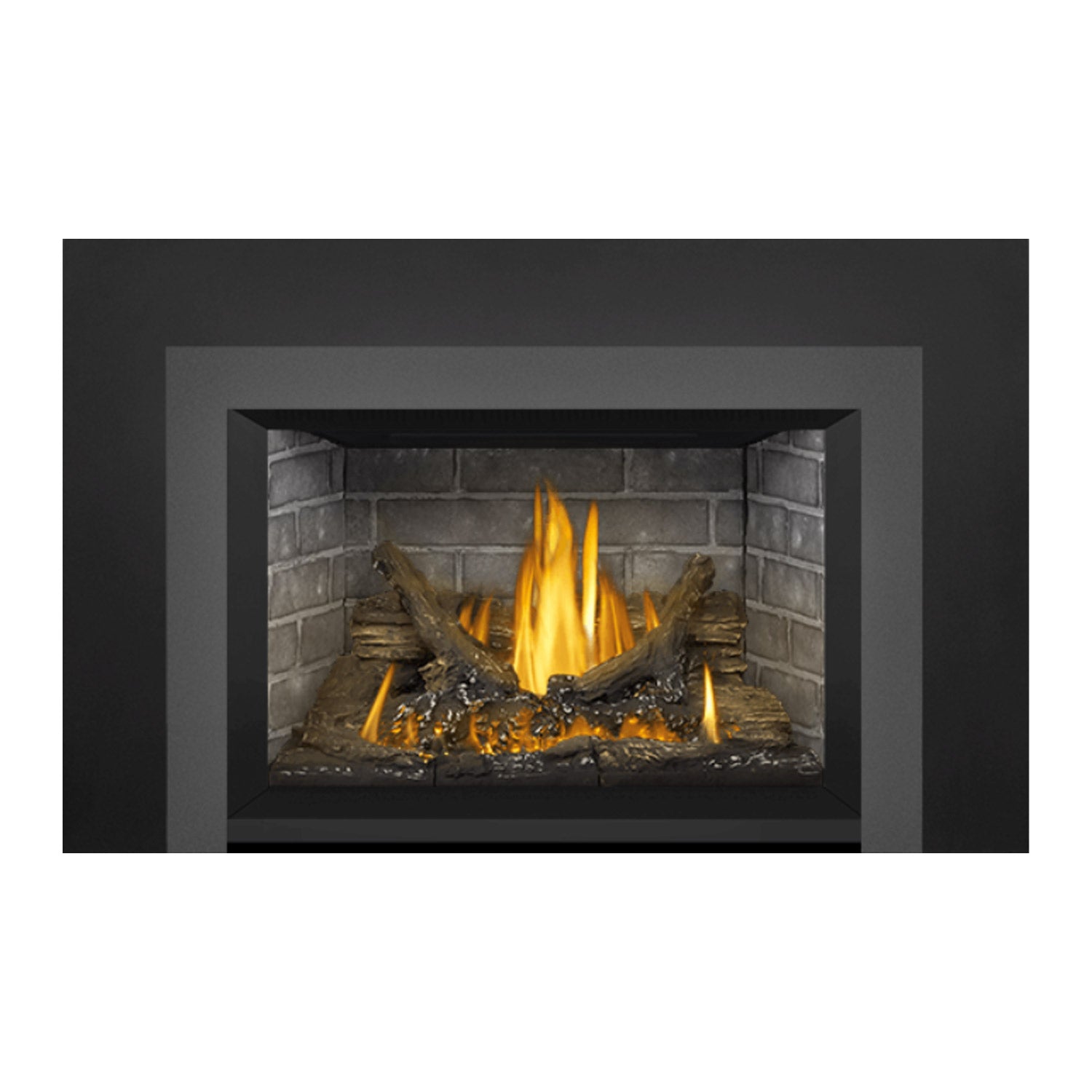 Gas direct vent fireplace insert with dark surround and glowing yellow-orange flames