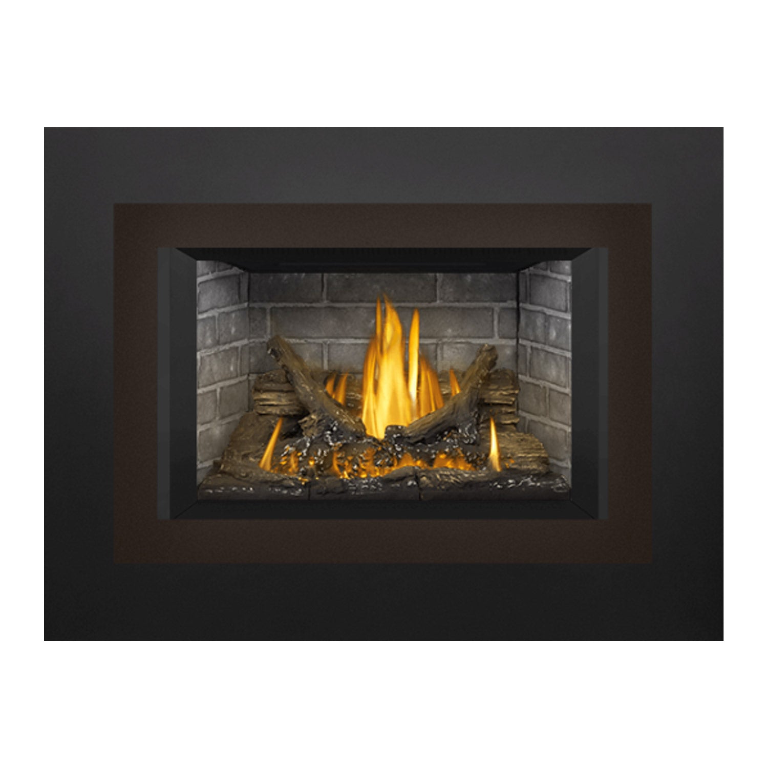 Gas fireplace insert with black surround, bright flames, faux logs, and gray brick lining.