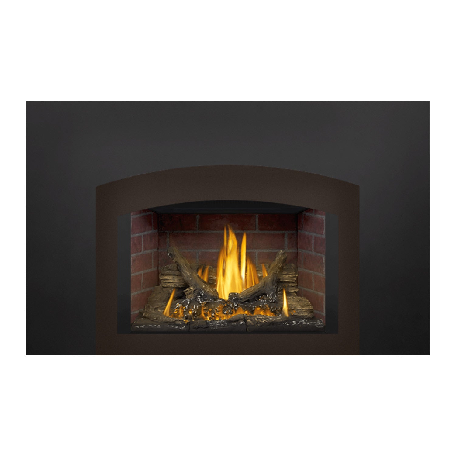 Direct vent gas fireplace insert with burning flames over logs and red brick interior, dark surround