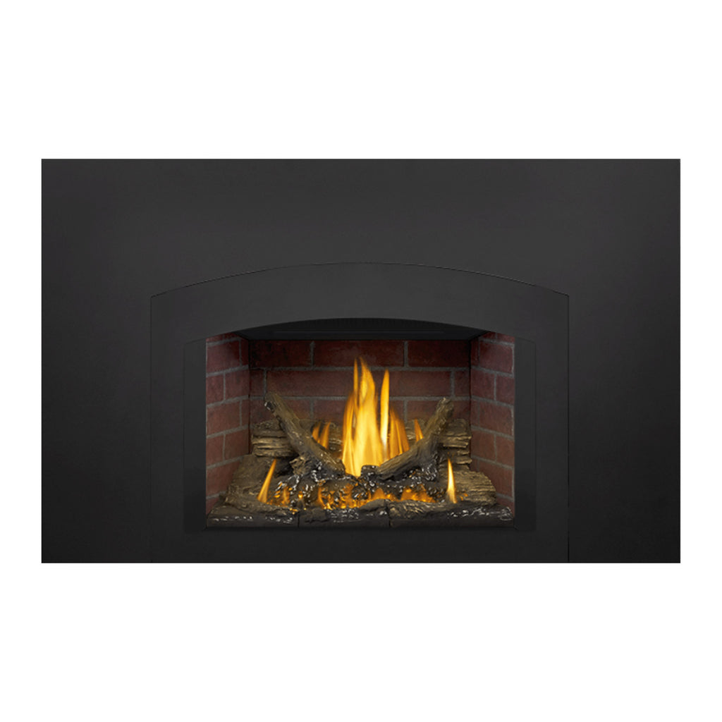Black gas fireplace insert with brick firebox and logs, showing steady yellow flames