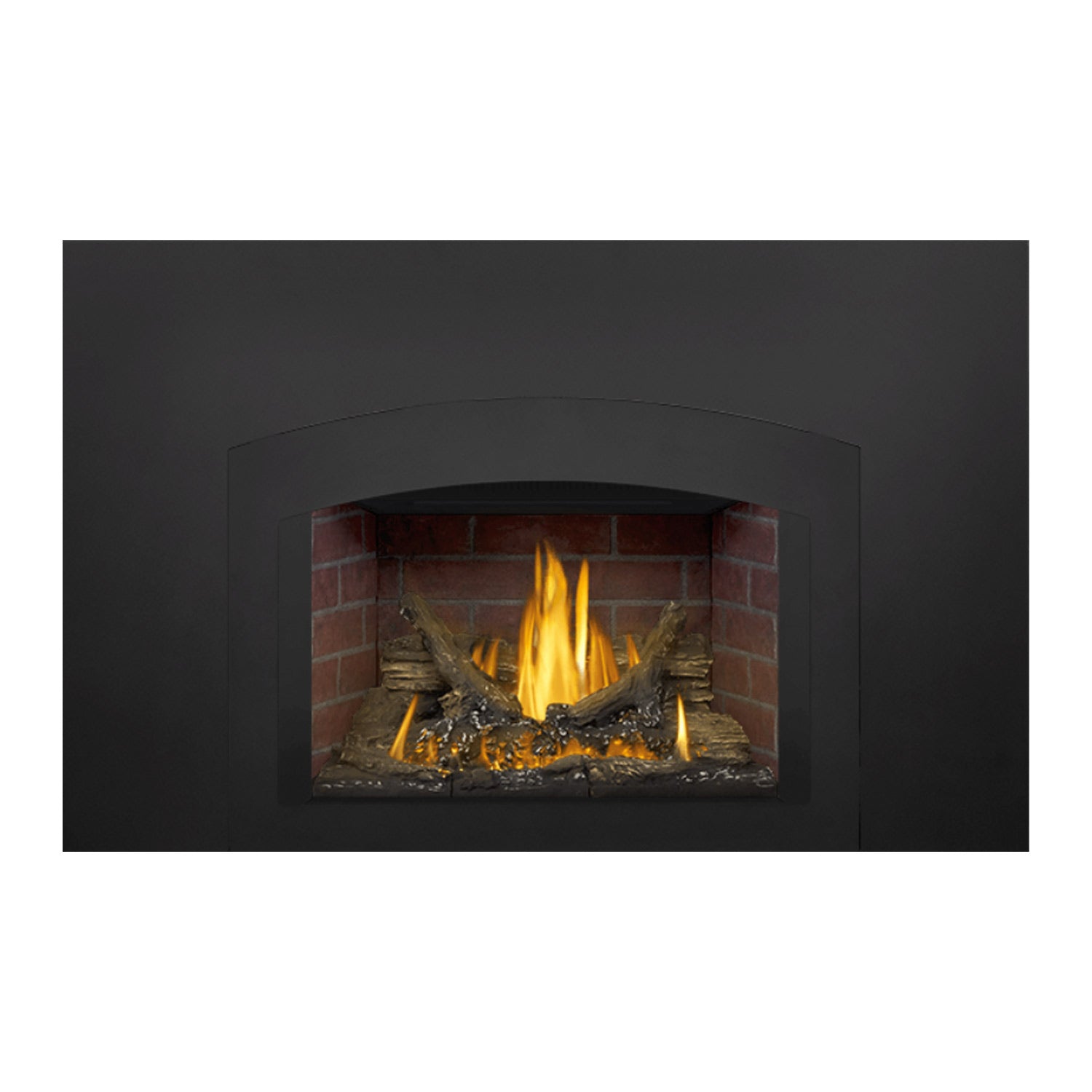Black gas fireplace insert with brick firebox and logs, showing steady yellow flames