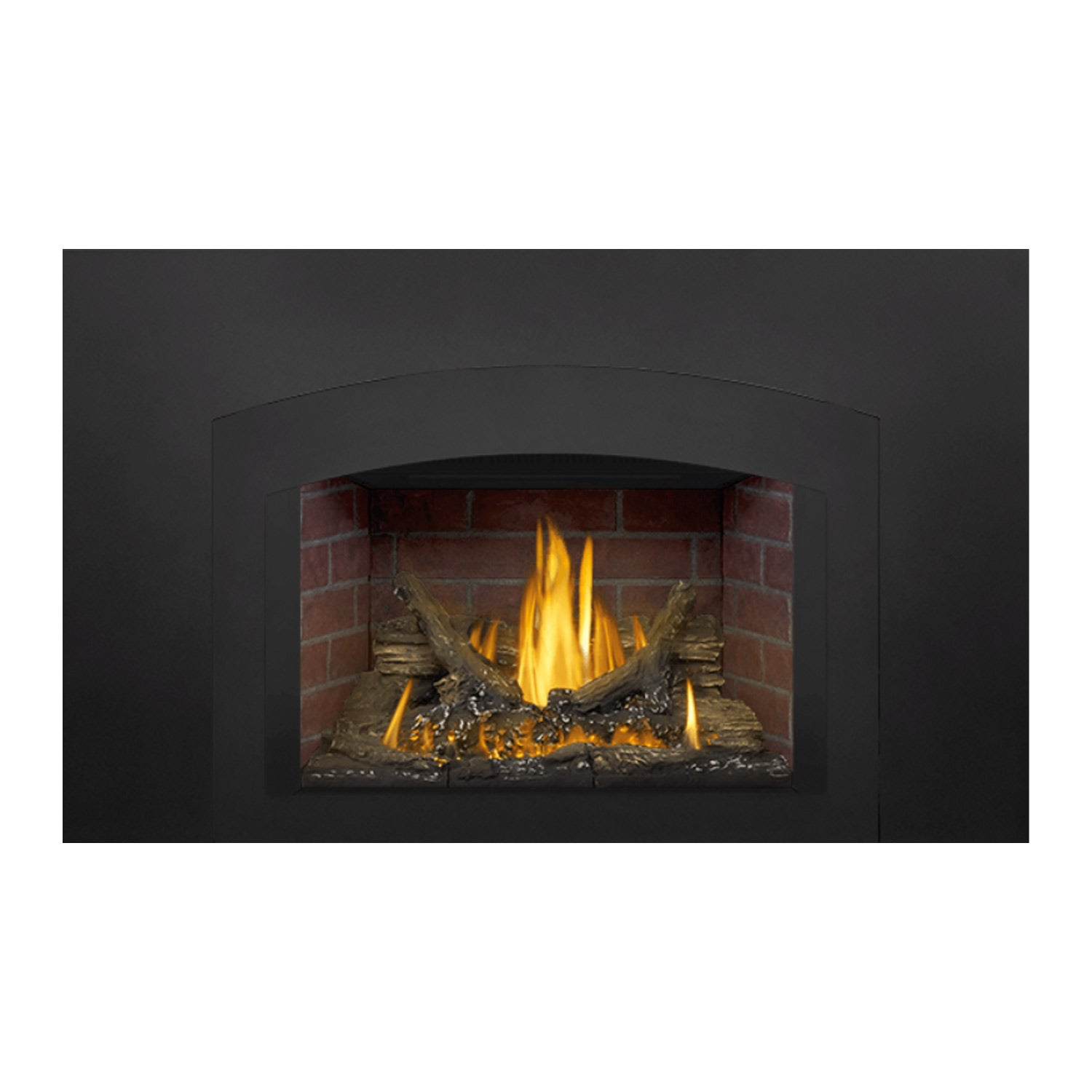Black gas fireplace insert with arched opening and brick firebox, logs, and yellow flames