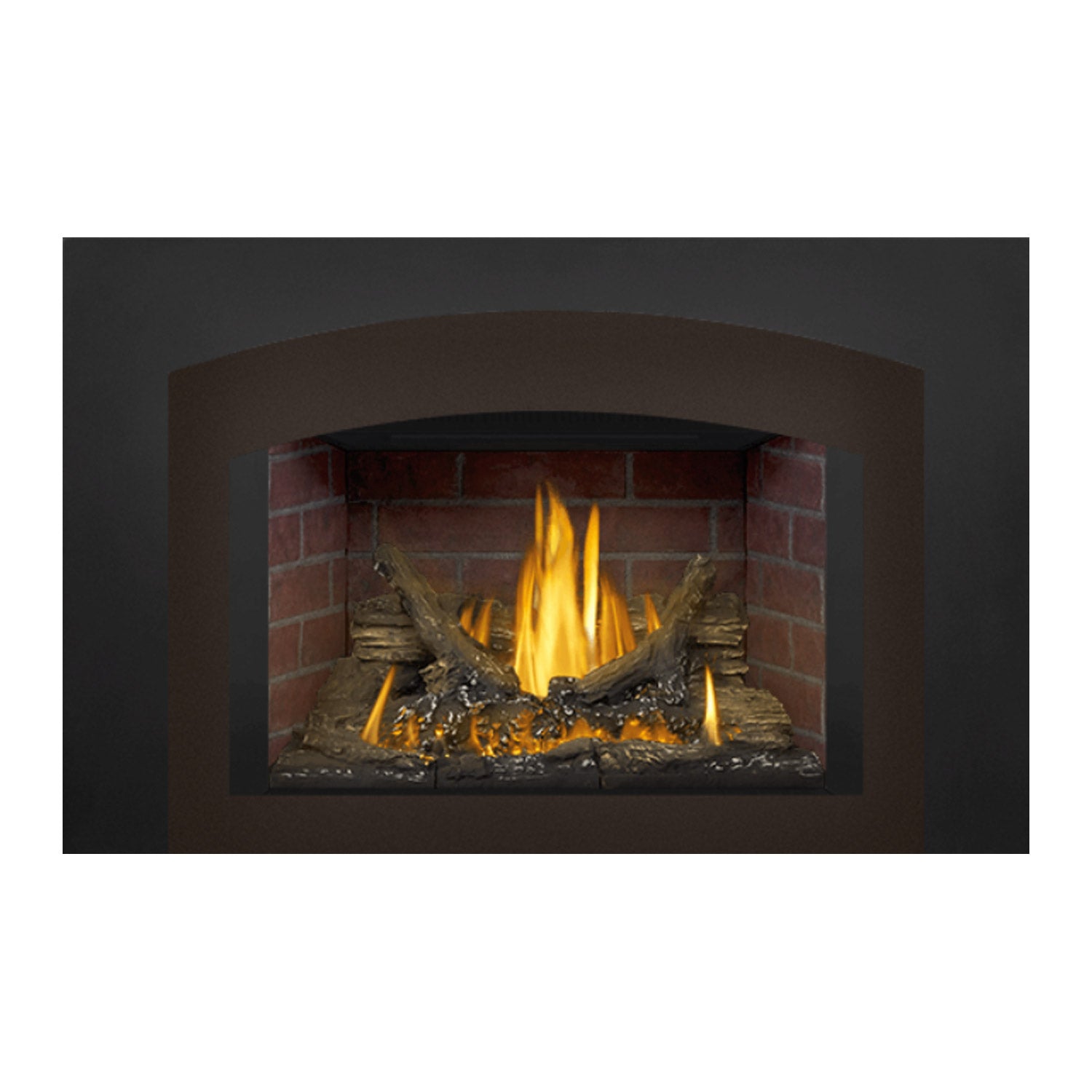 Direct vent gas fireplace insert with burning flames and log set against red brick, dark metal face