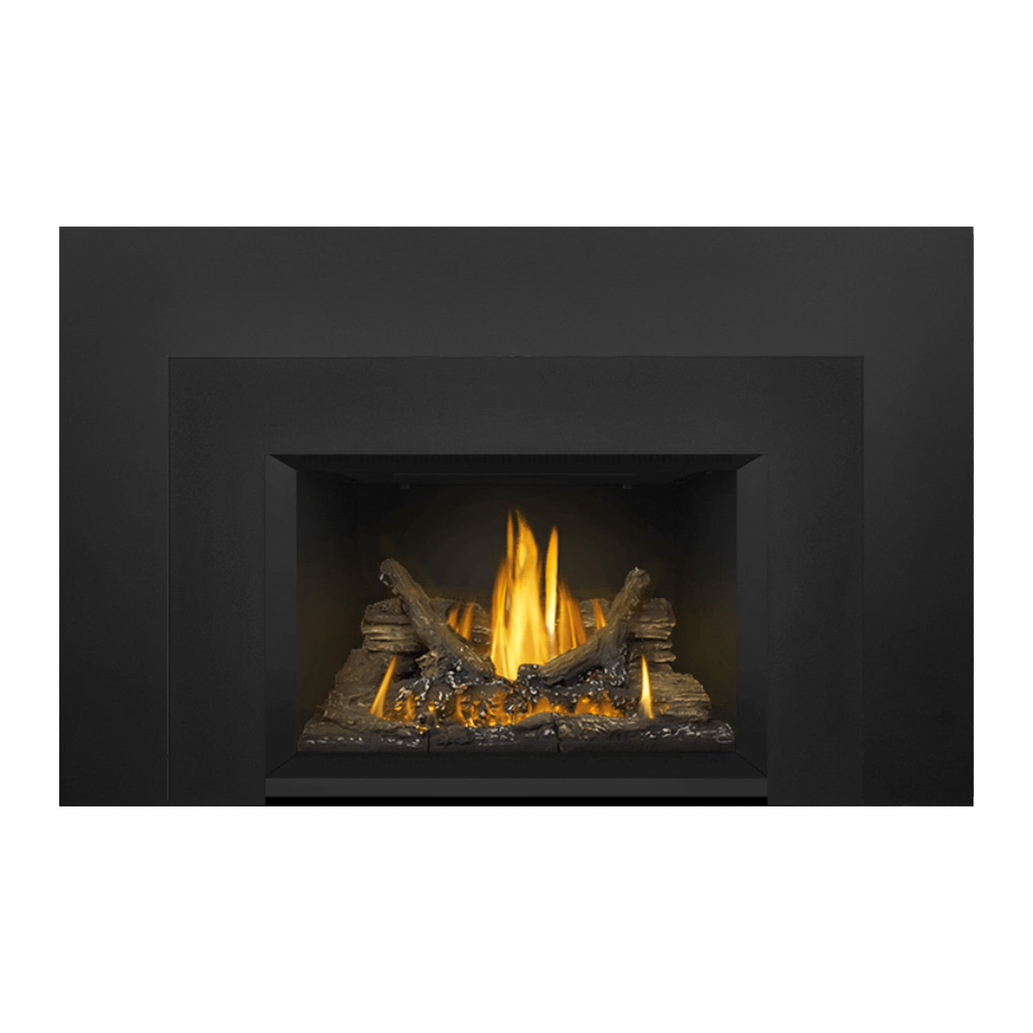 Gas fireplace insert front view showing dark surround with flames over stacked logs