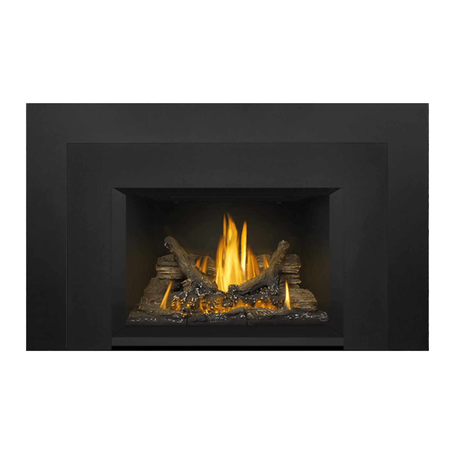 Gas fireplace insert with dark surround, burning flames over a log-and-ember bed