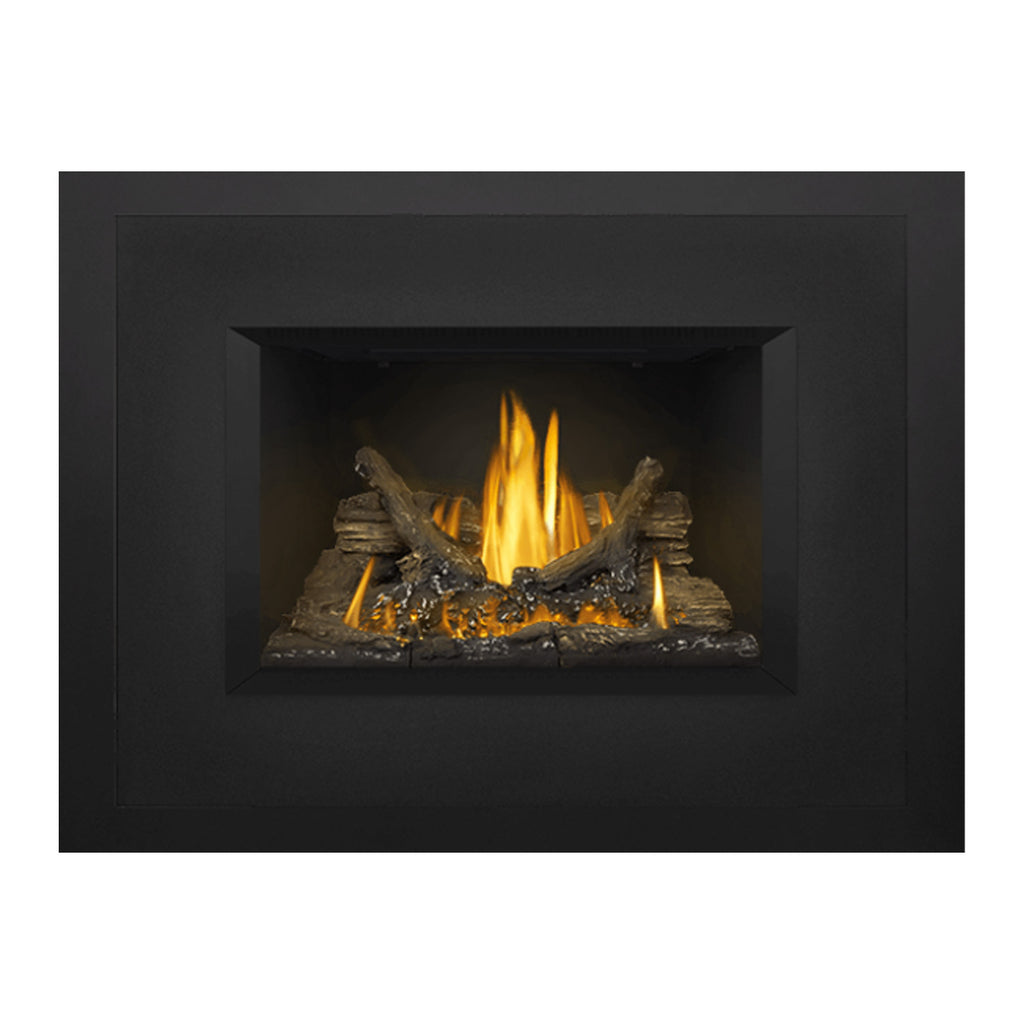 Gas fireplace insert with centered firebox, burning logs and steady yellow flames