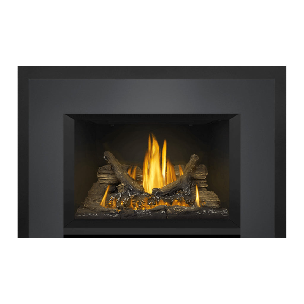 Gas fireplace insert showing dark frame, yellow flames, and stacked log pieces