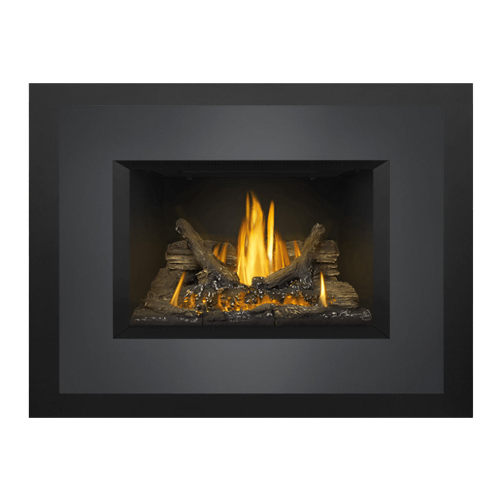Direct vent gas fireplace insert with centered firebox and bright yellow flames