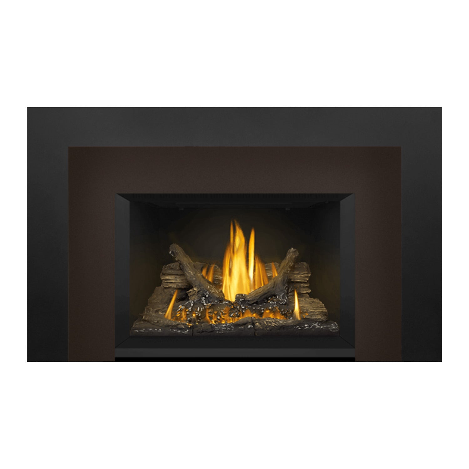 Gas fireplace insert with dark surround and bright yellow flames among charred logs