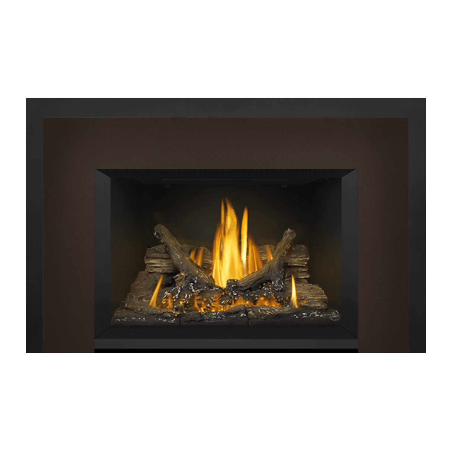 Direct vent gas fireplace insert showing glowing logs, yellow flames, and dark firebox opening