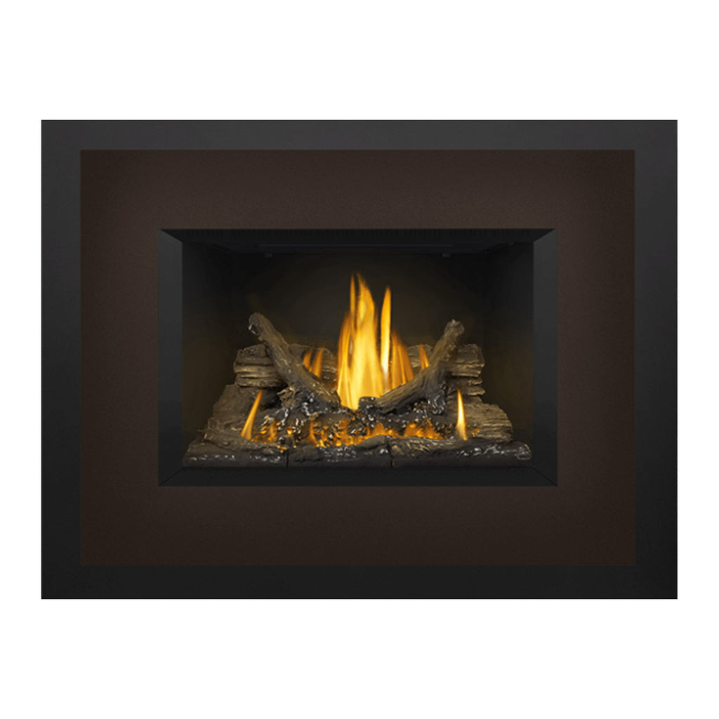 Gas fireplace insert with dark outer frame and lit log set in the inner firebox