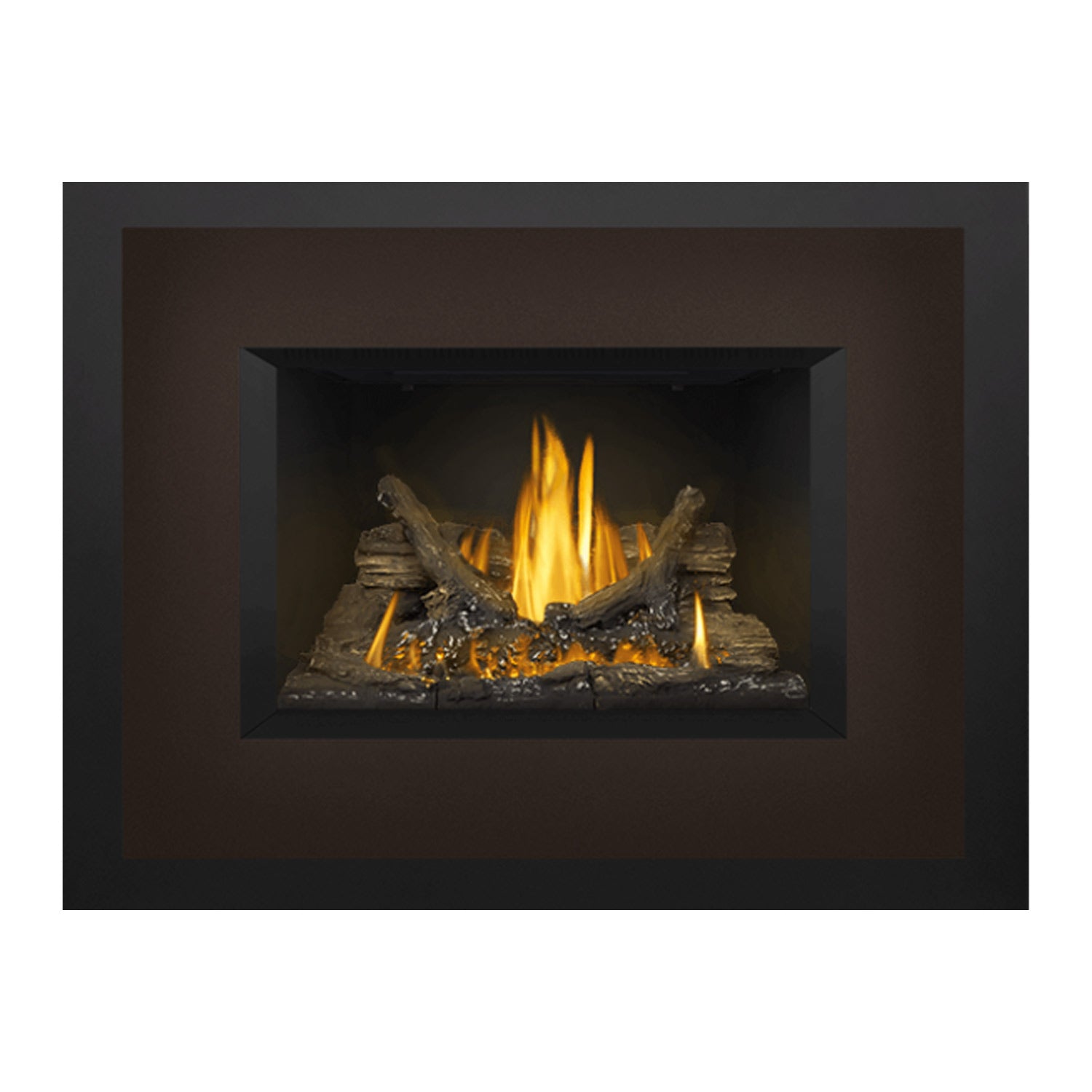 Gas fireplace insert with dark outer frame and lit log set in the inner firebox