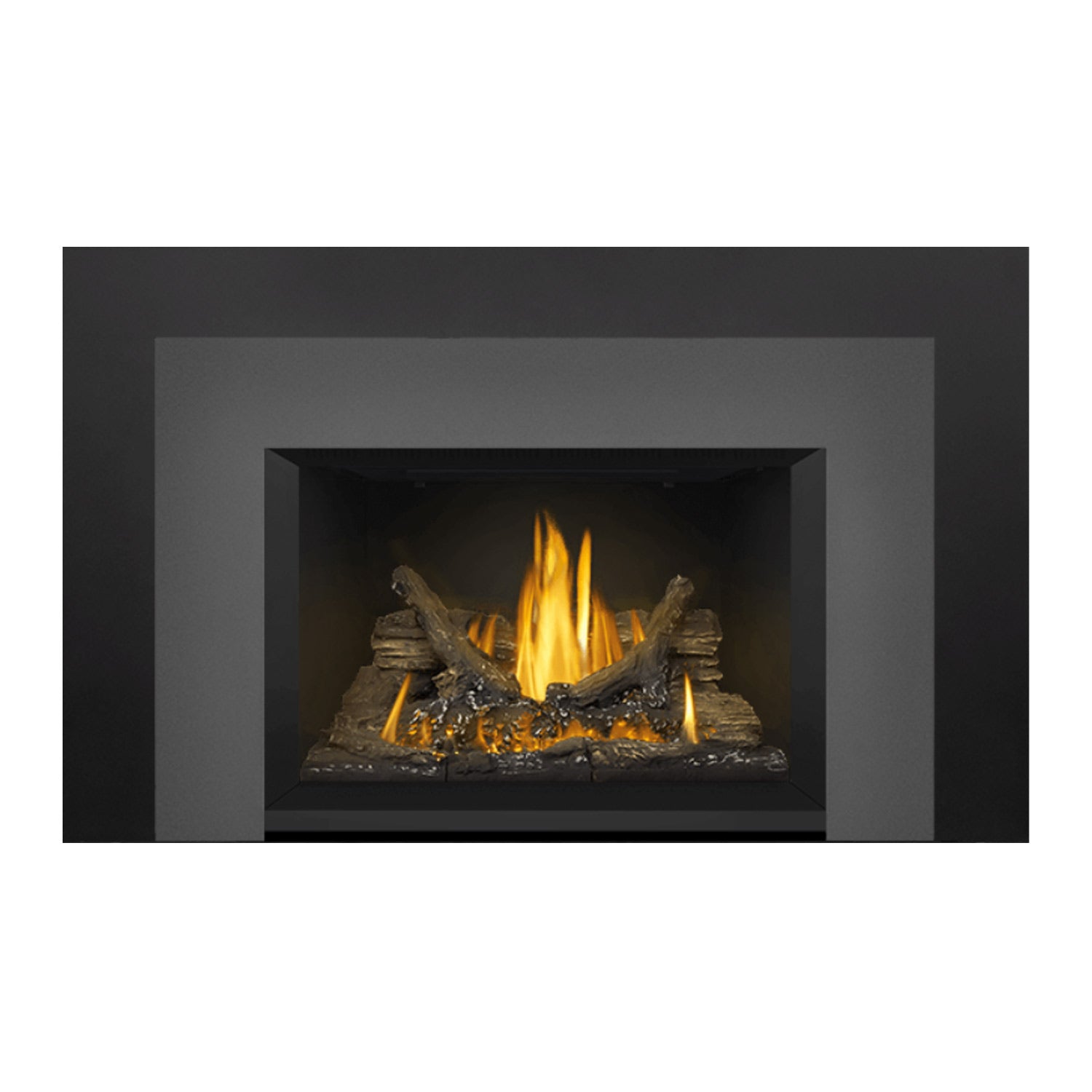 Gas fireplace insert with inset firebox, burning logs and yellow-orange flames