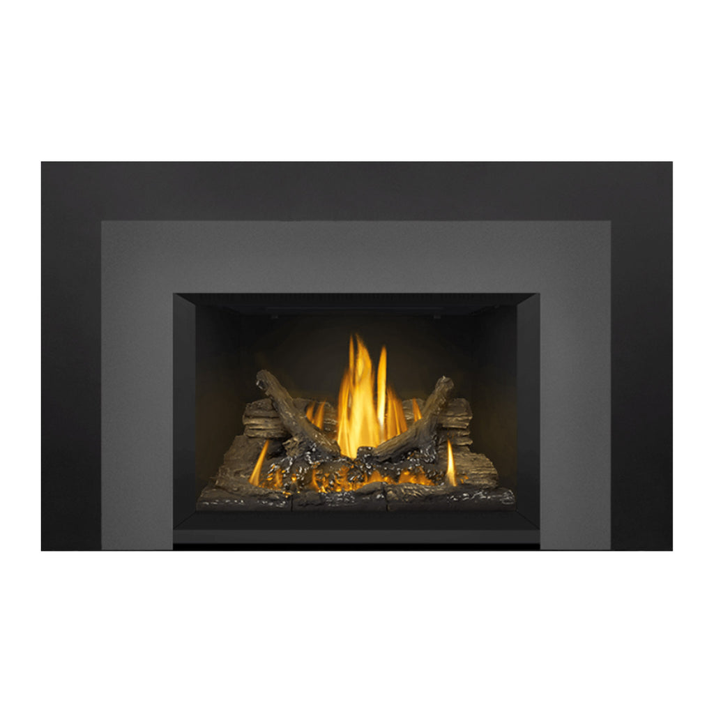 Gas fireplace insert centered view with dark surround, flames rising between logs