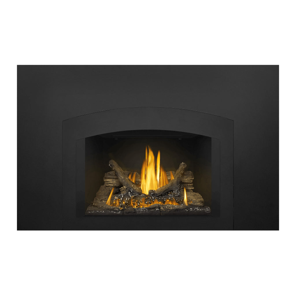 Gas fireplace insert with arched dark outer frame and glowing flames beneath the firebox