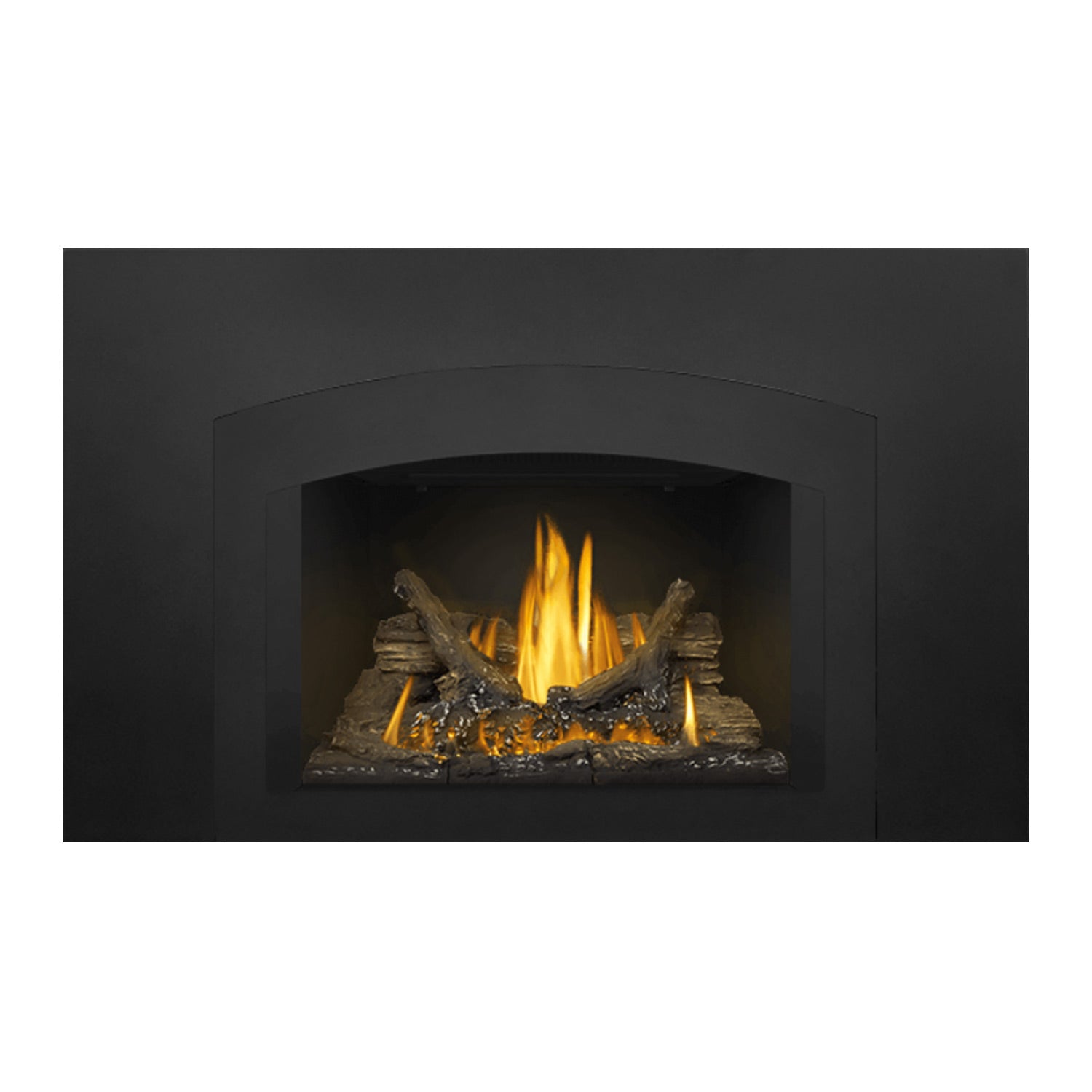 Gas fireplace insert with arched surround, dark frame, and flames over the log bed