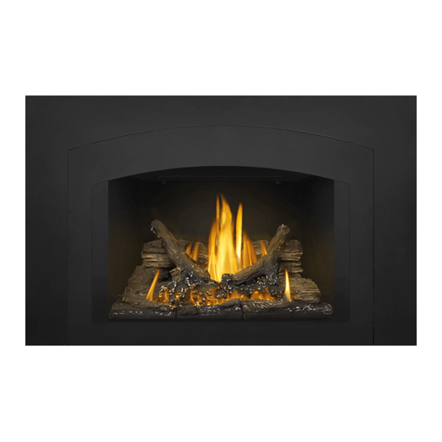 Gas fireplace insert with dark surround and burning logs in arched opening