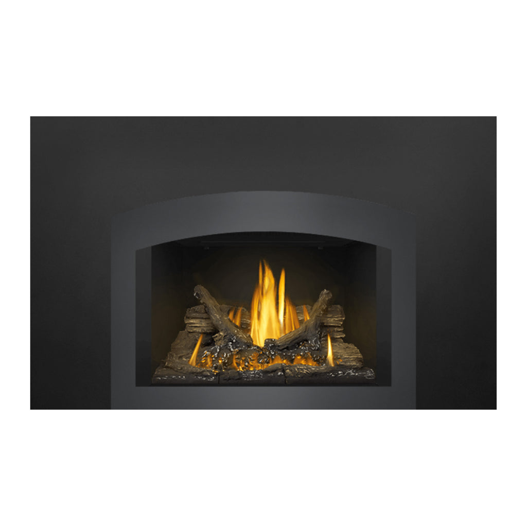 Direct vent gas fireplace insert with arched glass opening, burning logs and embers.