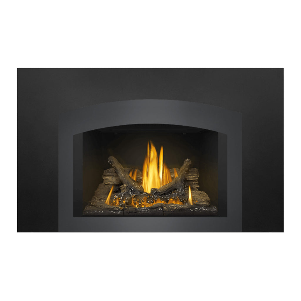 Direct vent gas fireplace insert front view, arched glass window with burning logs.