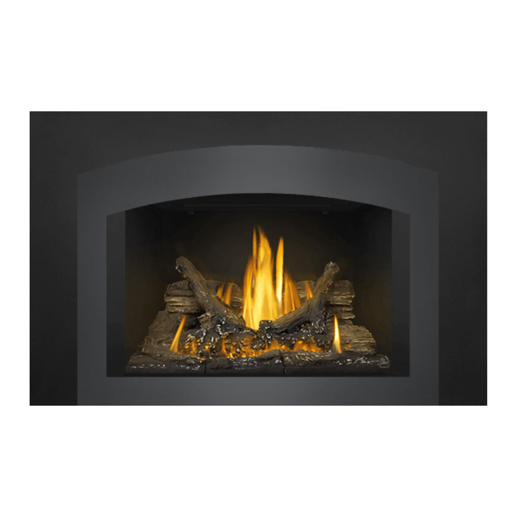Direct vent gas fireplace insert with arched glass front and burning log bed in the firebox.