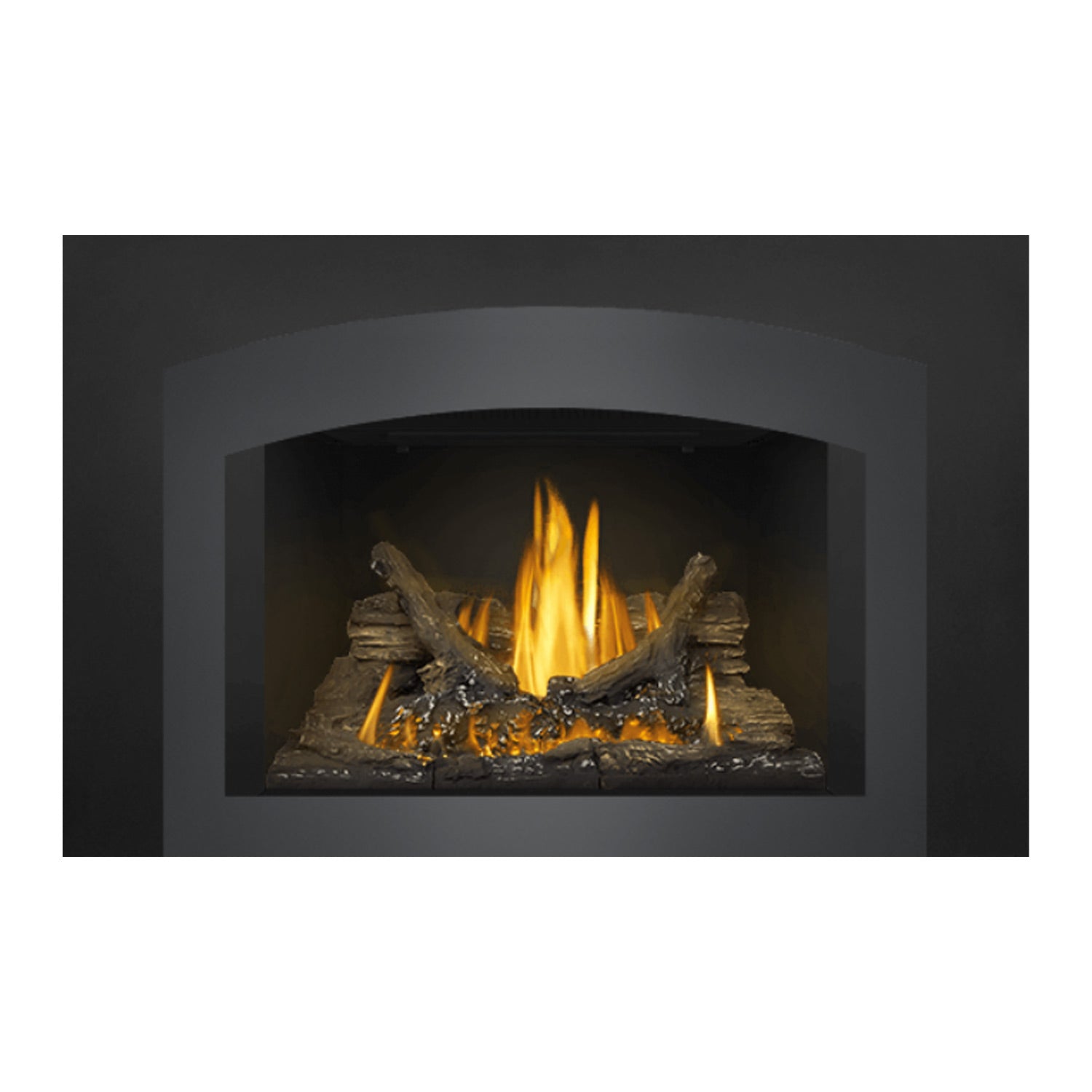 Direct vent gas fireplace insert with arched glass front and burning log bed in the firebox.