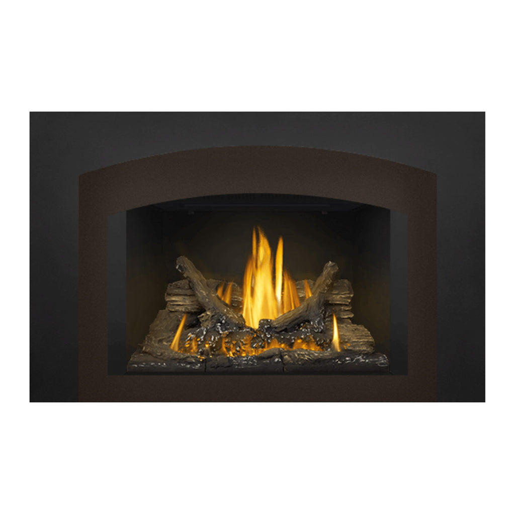 Gas fireplace insert with dark surround and burning logs, flames centered in arched opening