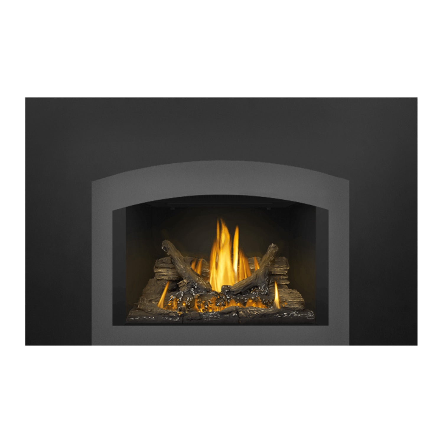 Direct vent gas fireplace insert showing glowing logs with tall yellow flames in dark firebox