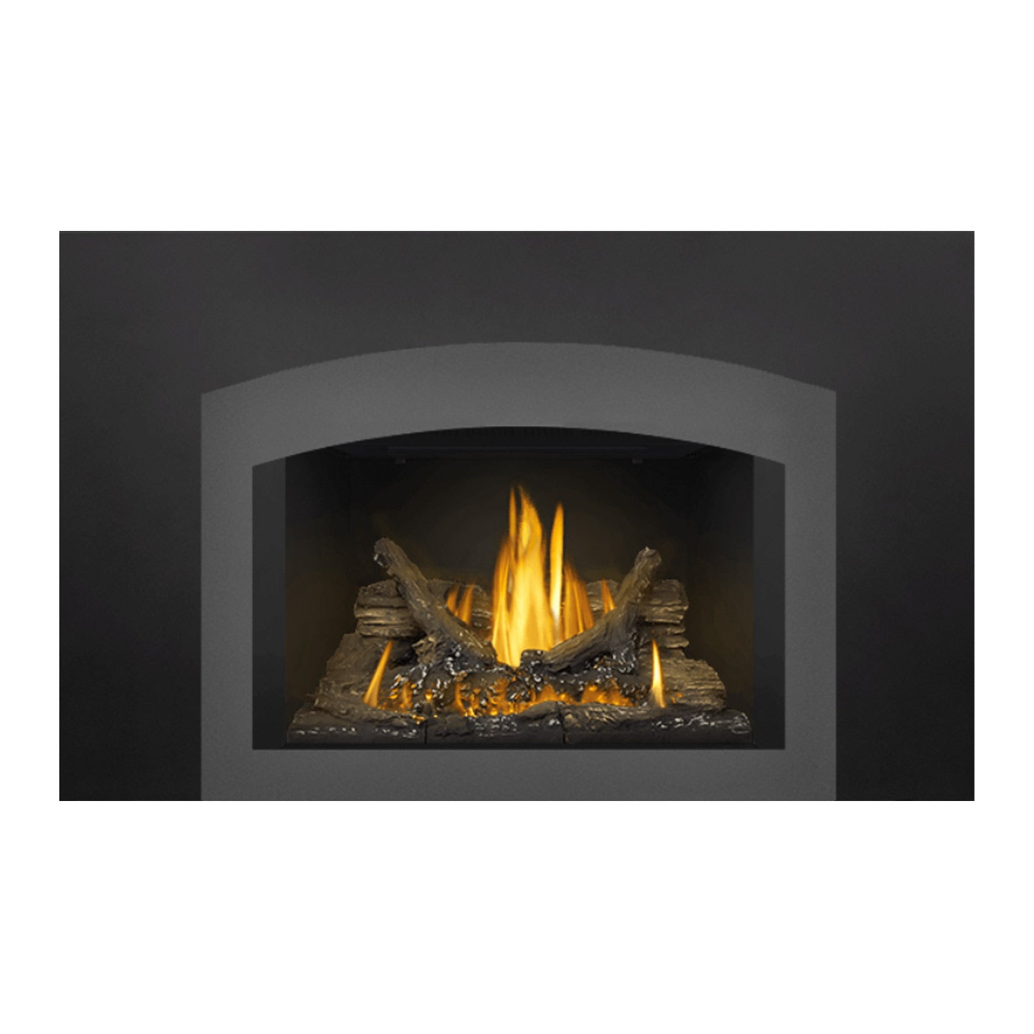 Direct vent gas fireplace insert front with arched glass opening and burning logs.