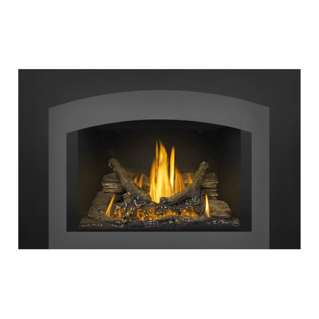 Gas fireplace insert with dark surround and burning logs, flames visible in arched opening