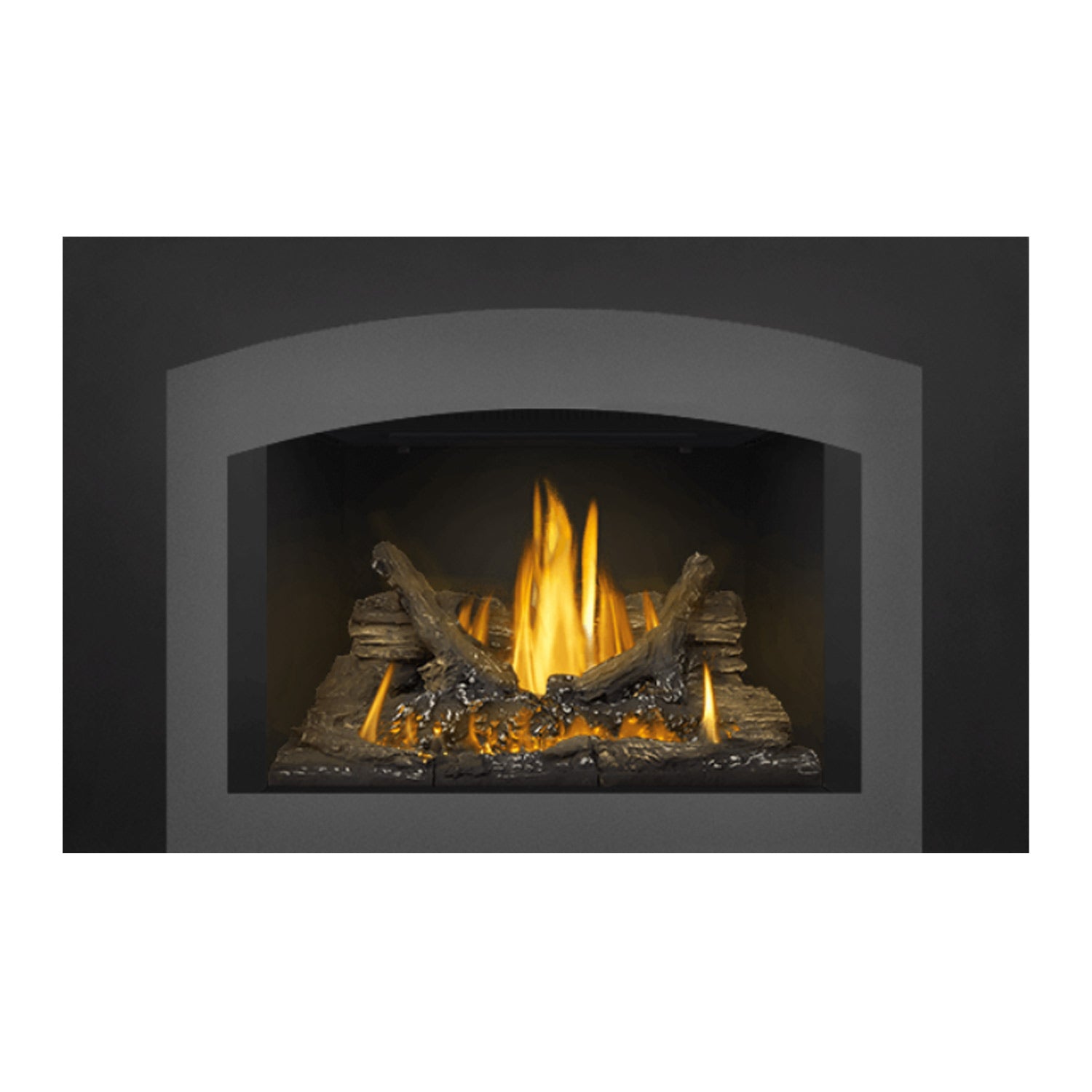 Direct vent gas fireplace insert with arched glass door, burning logs and ember bed.