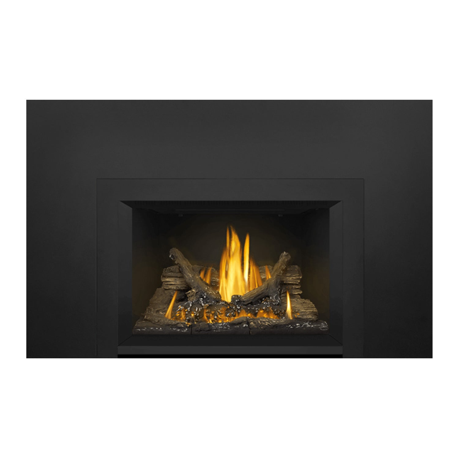 Direct vent gas fireplace insert, centered view of flames behind the glass