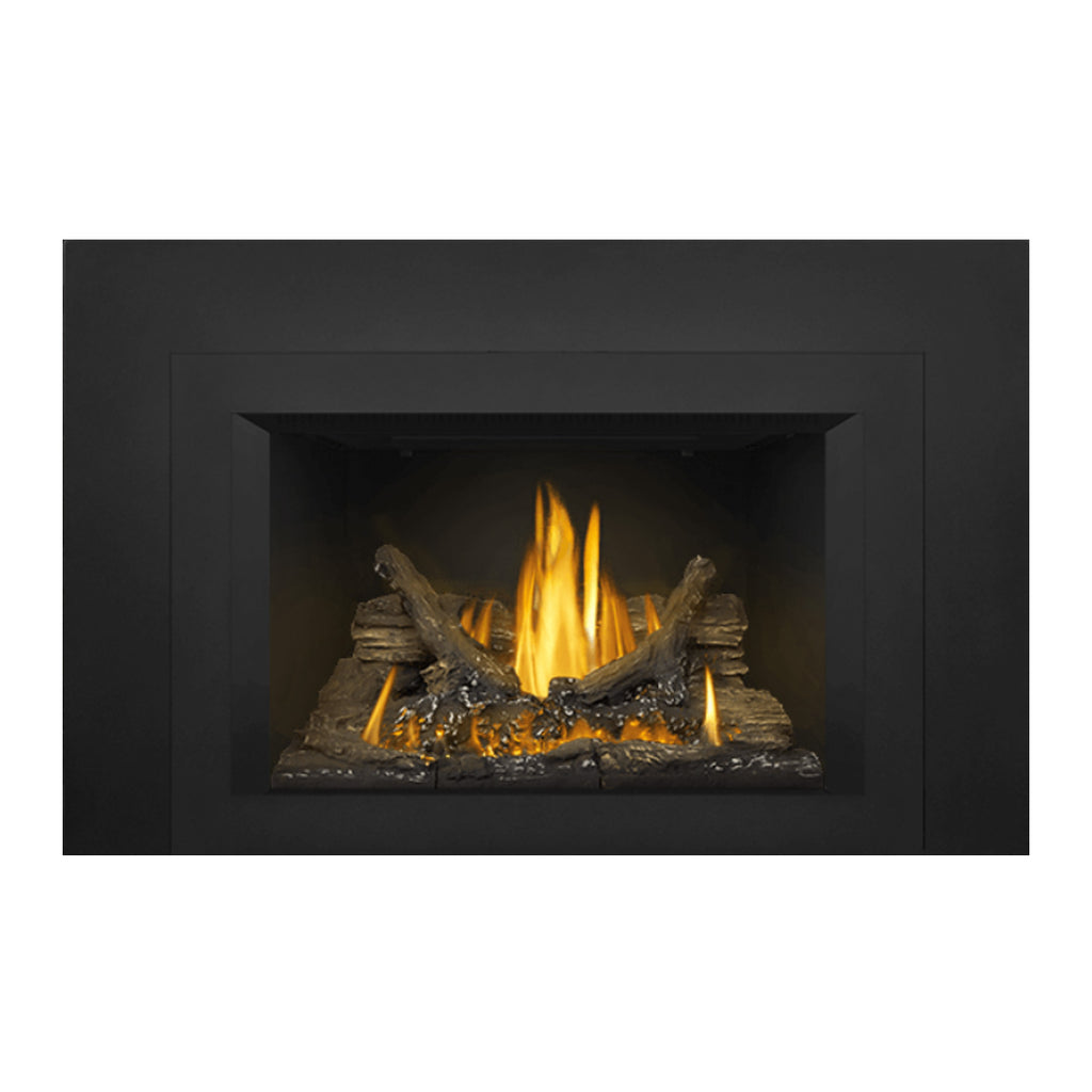 Black direct vent gas fireplace insert with burning logs in front opening