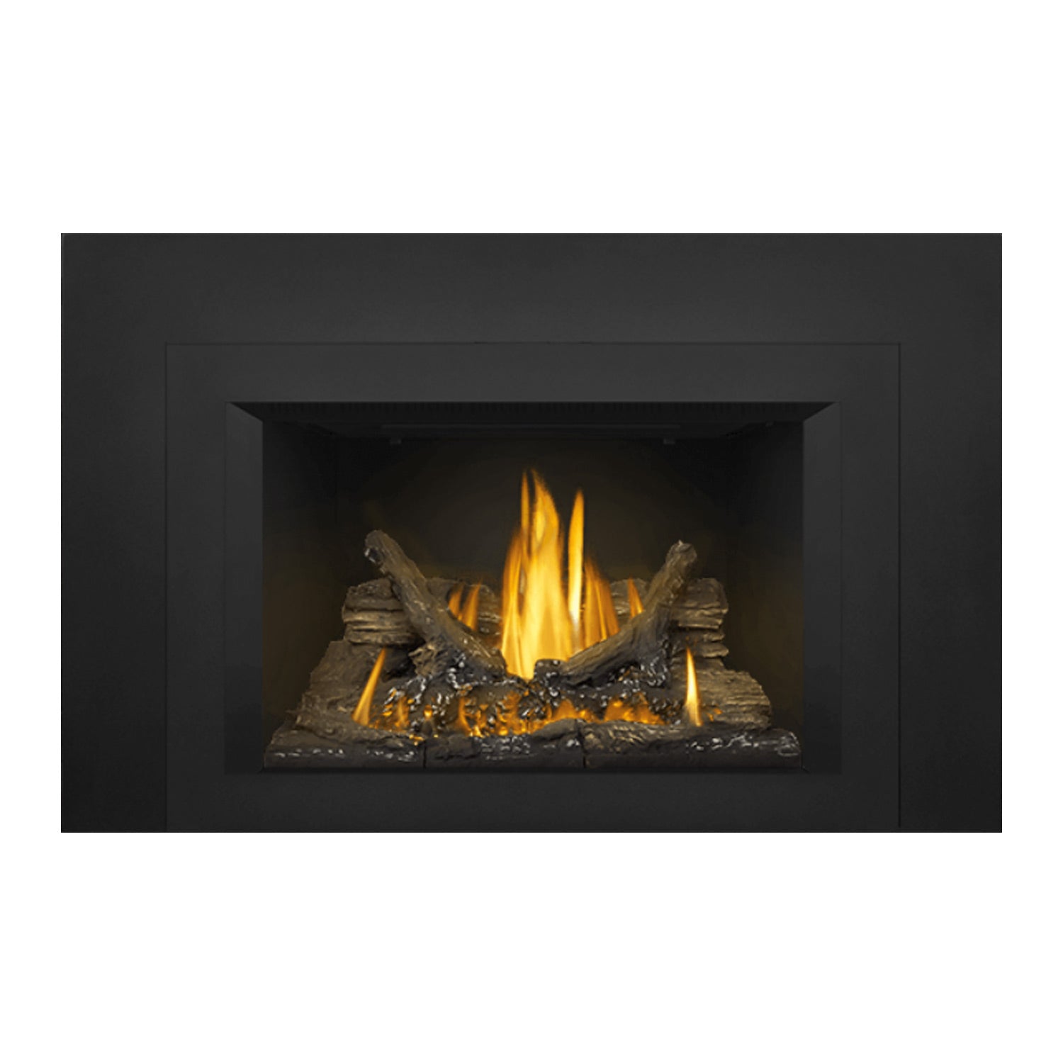 Gas fireplace insert recessed into a dark surround, with burning logs and bright flames