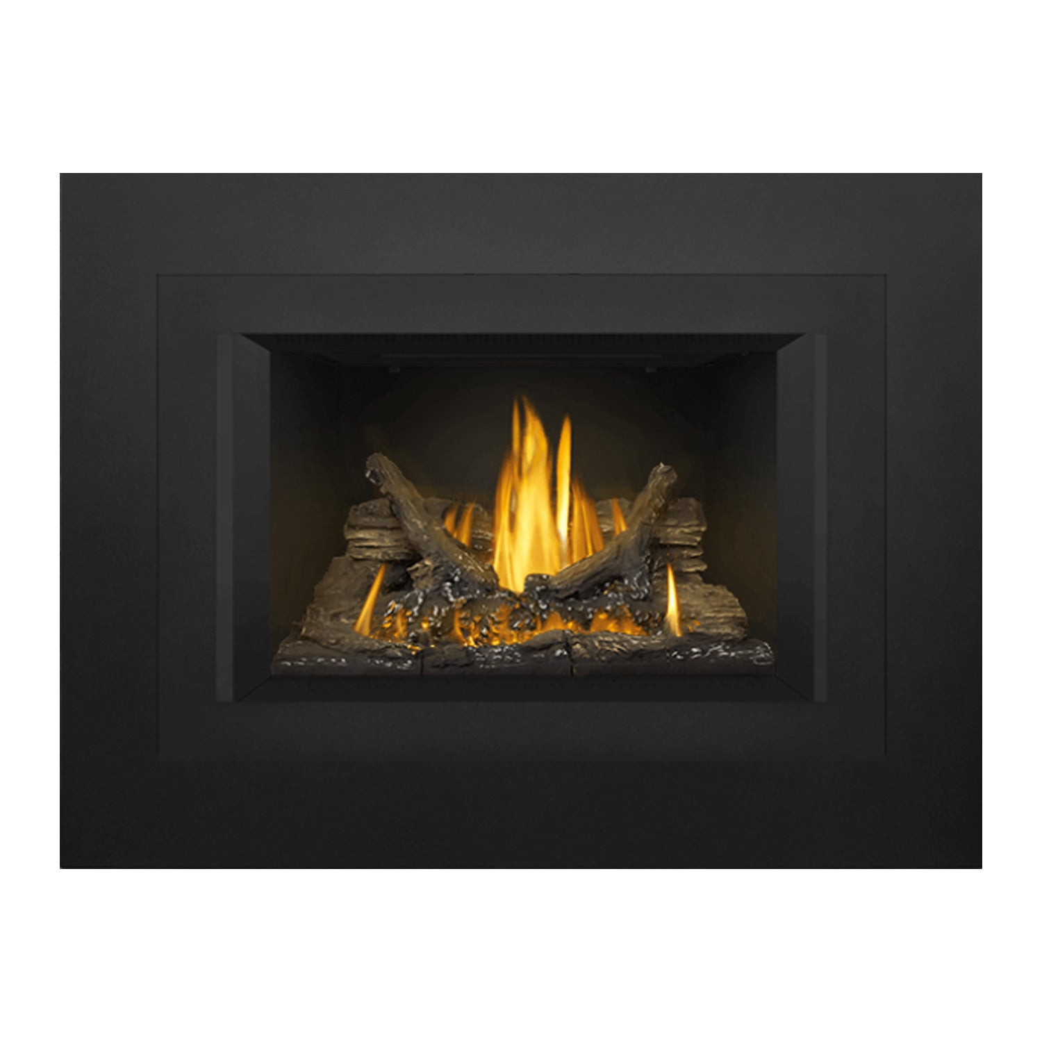 Direct vent gas fireplace insert with dark surround and bright yellow flames above logs