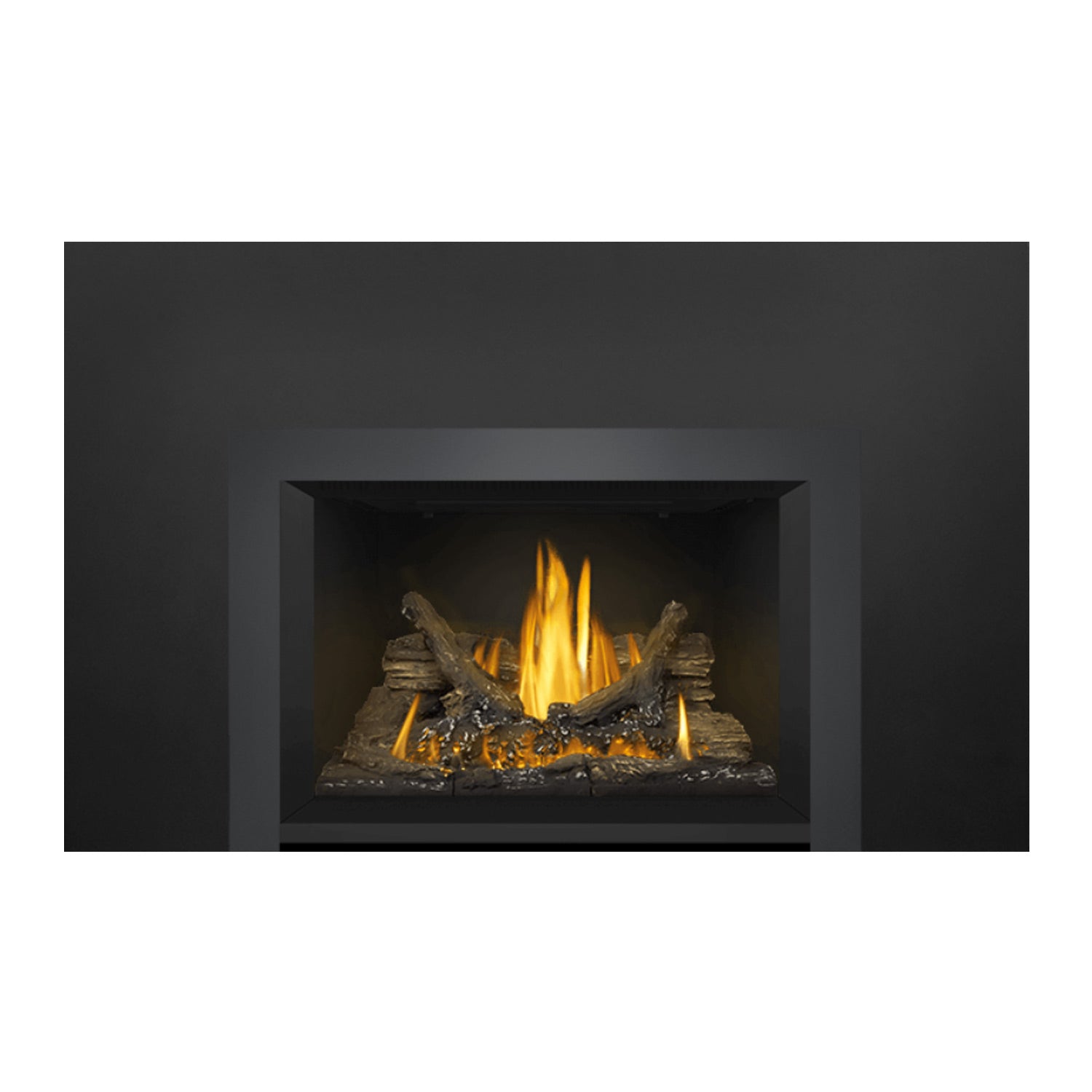Gas fireplace insert with centered flame display over dark logs and glowing embers