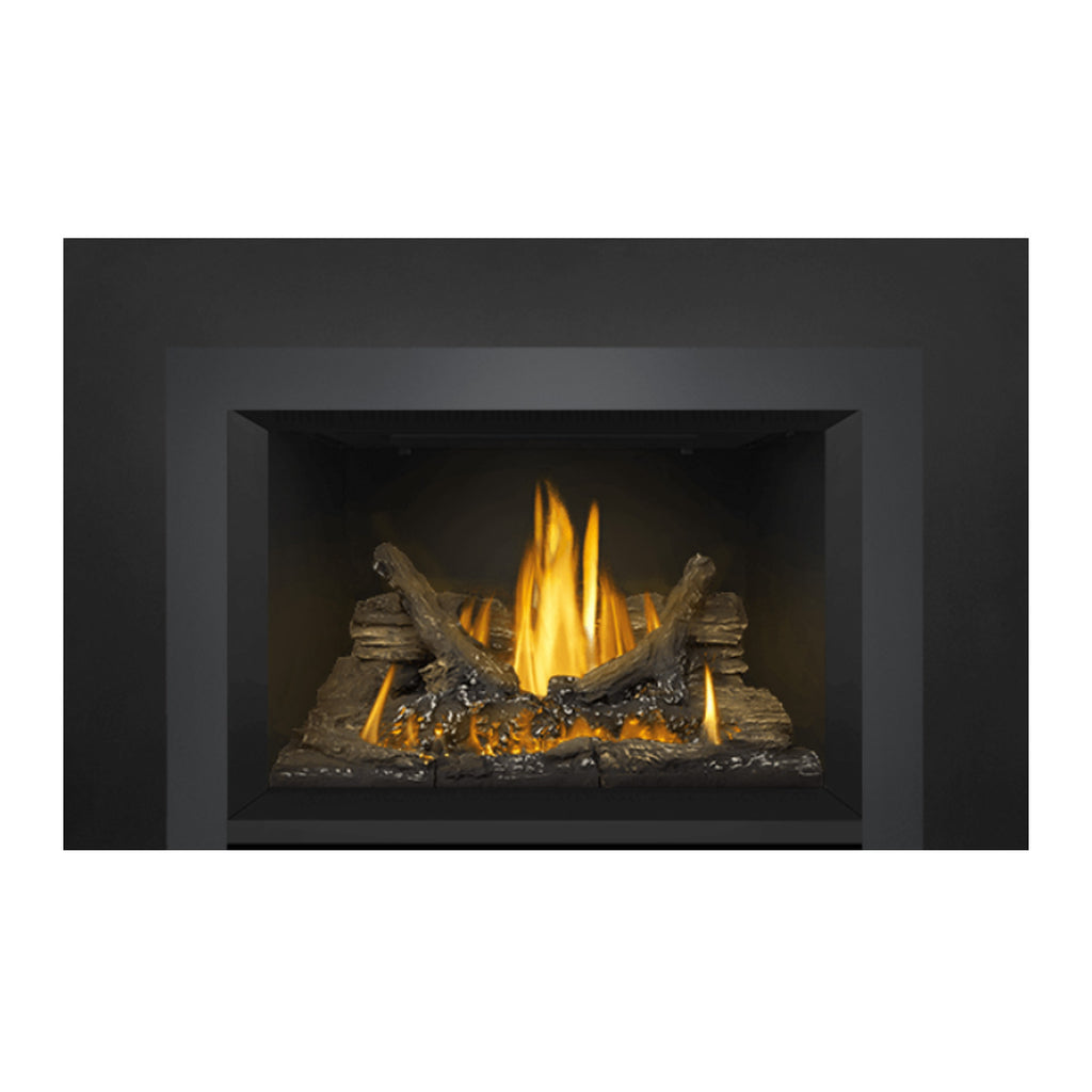 Direct vent gas fireplace insert, detailed view of flames and dark glowing embers
