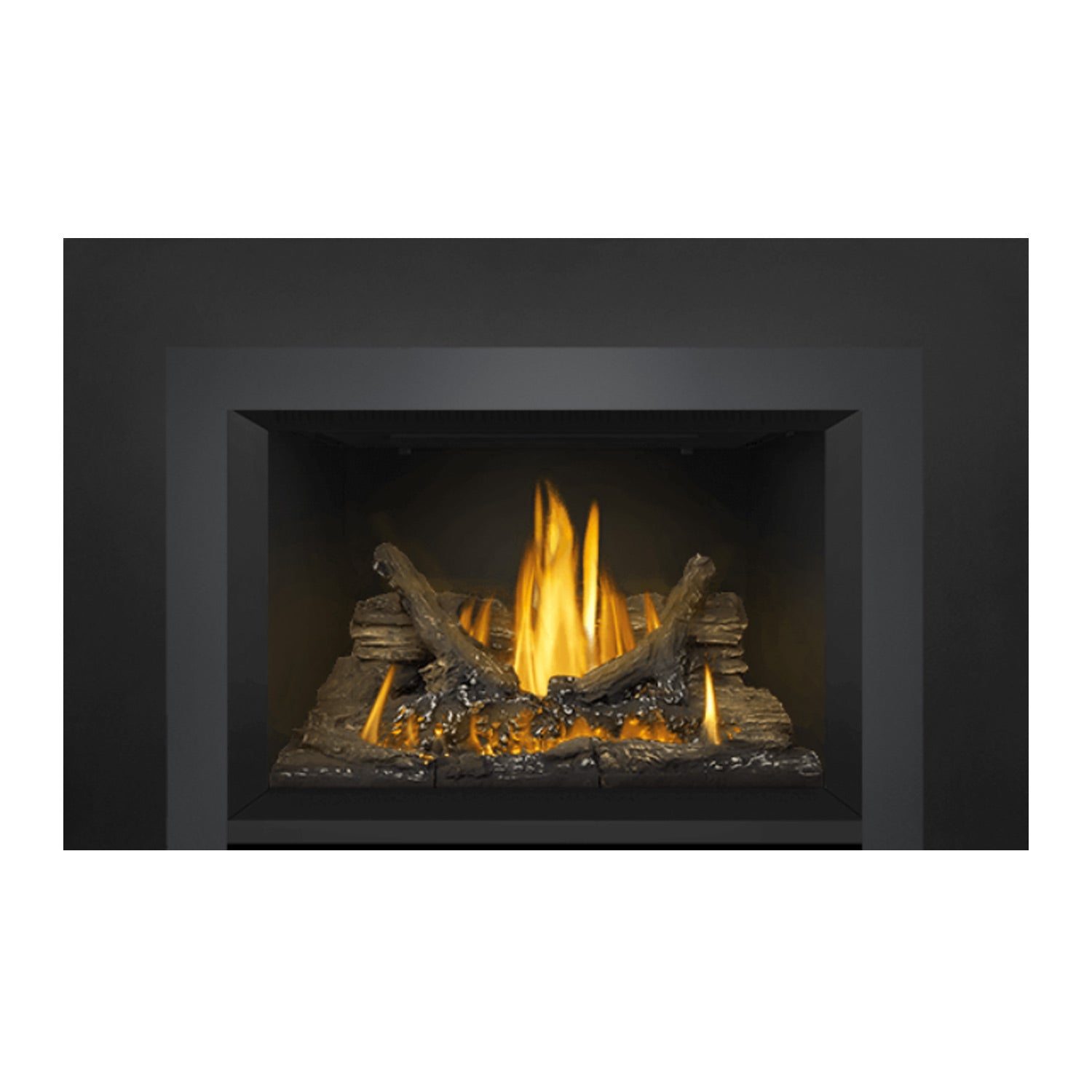 Direct vent gas fireplace insert, detailed view of flames and dark glowing embers