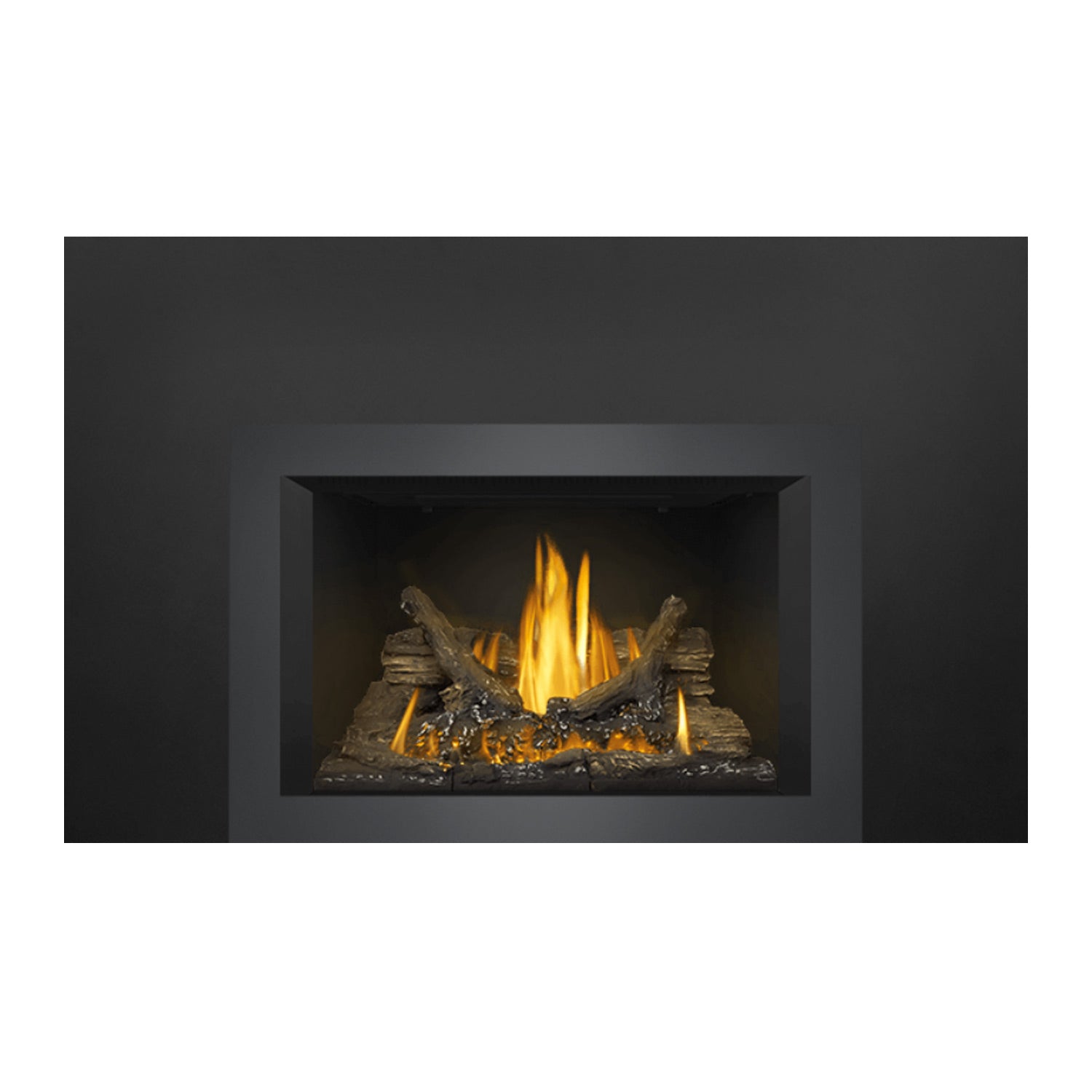 Gas fireplace insert showing dark faceplate and burning logs with yellow-orange flames
