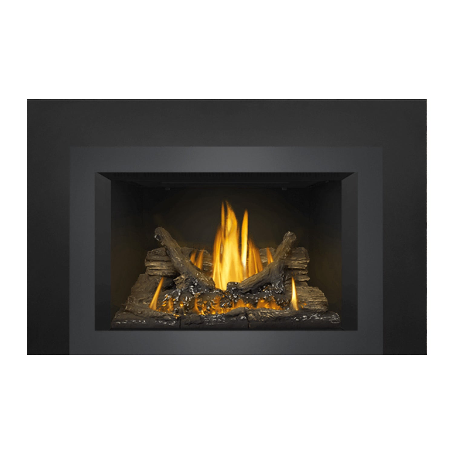 Gas fireplace insert with dark outer frame and glowing fire bed with logs and flames
