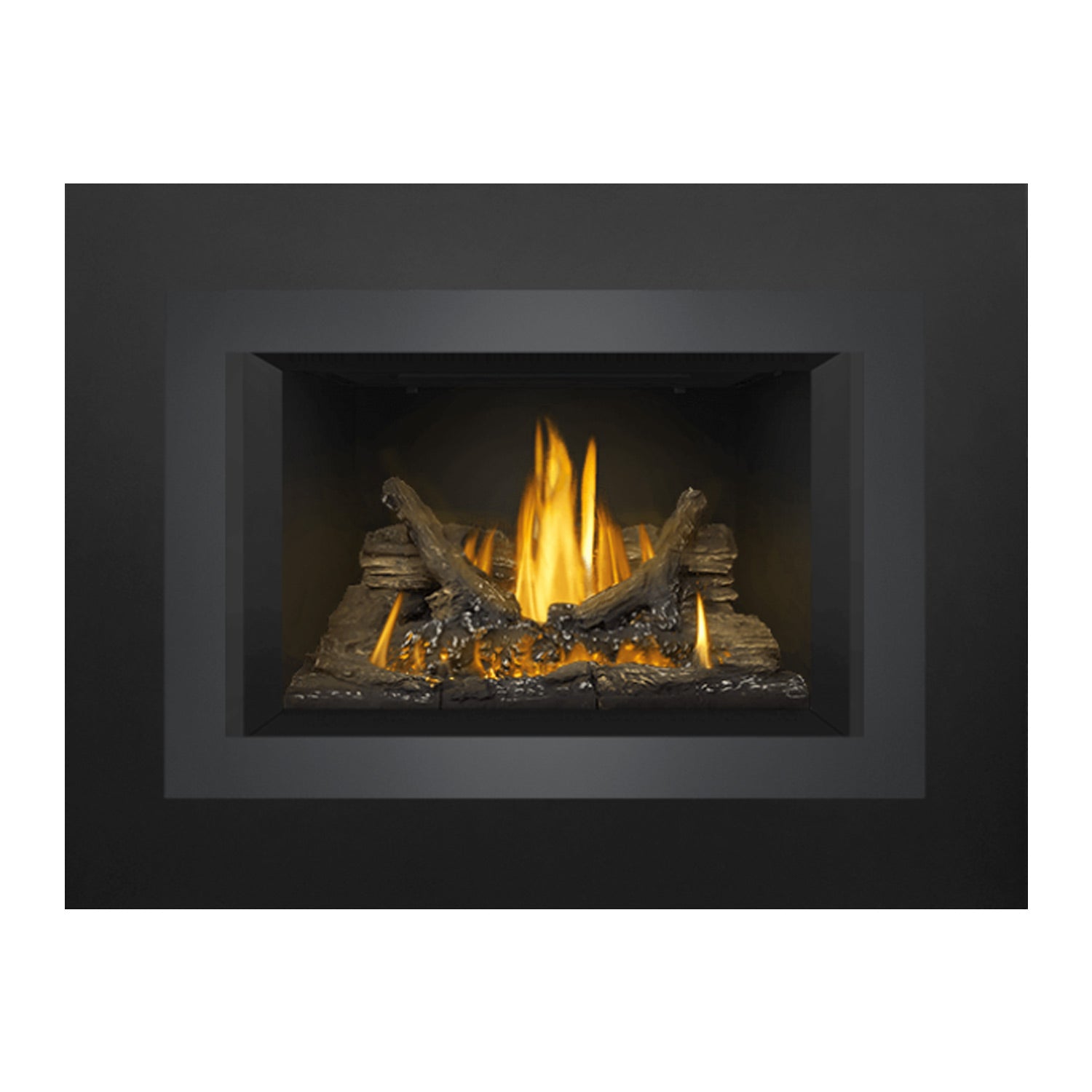 Gas fireplace insert with dark frame and burning logs, flames visible in rectangular firebox