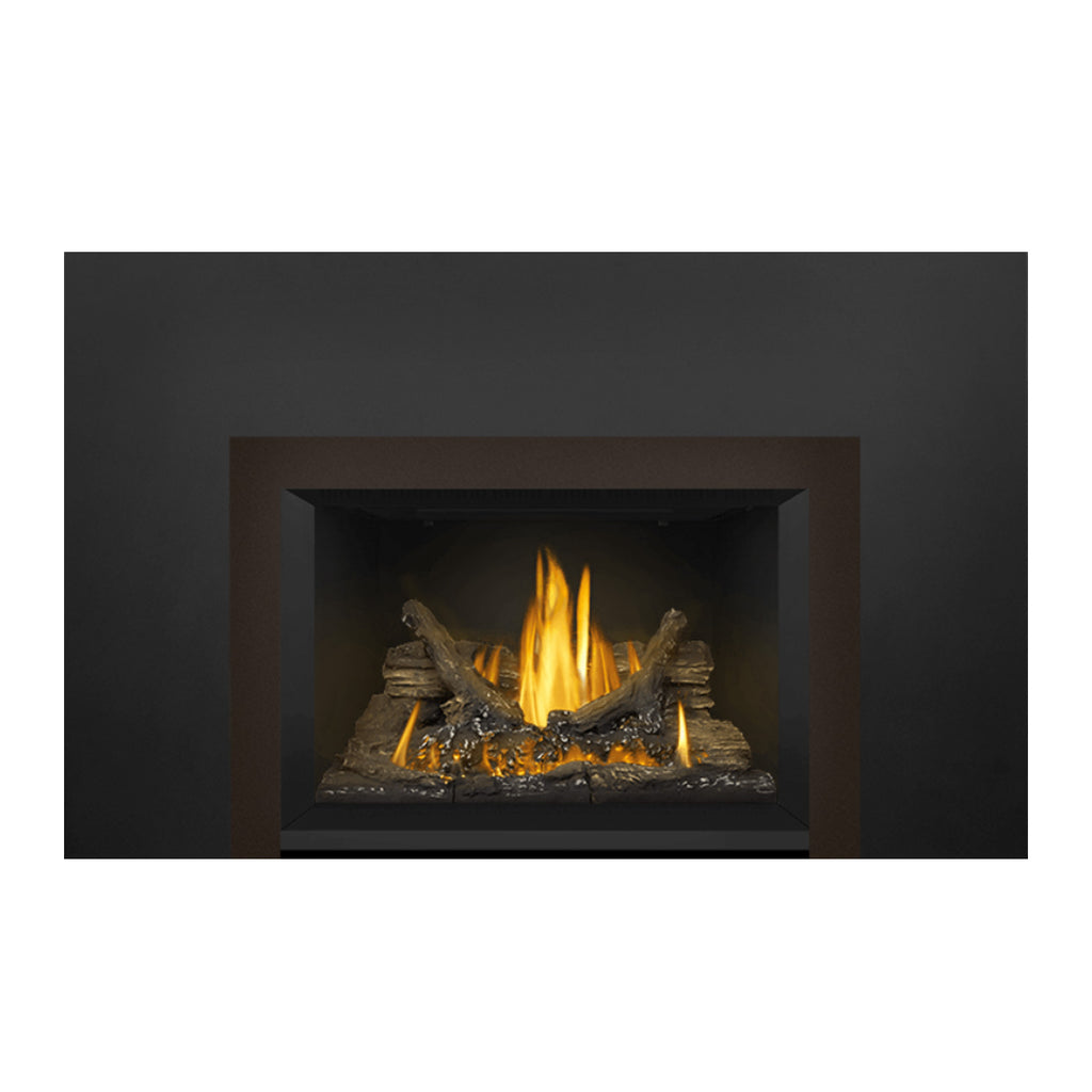 Direct vent gas fireplace insert, close view of flames over dark log set
