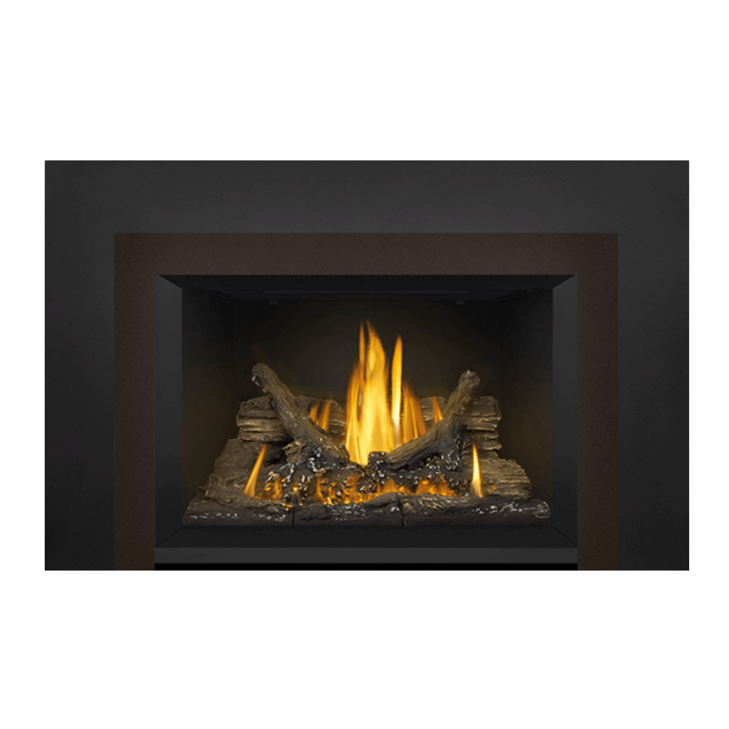 Direct vent gas fireplace insert with burning logs and bright yellow flames