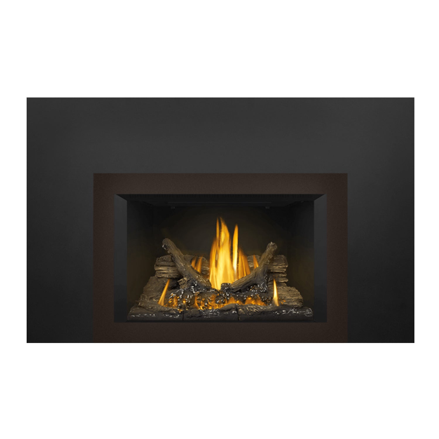 Black direct vent gas fireplace insert with bright flames and stacked logs