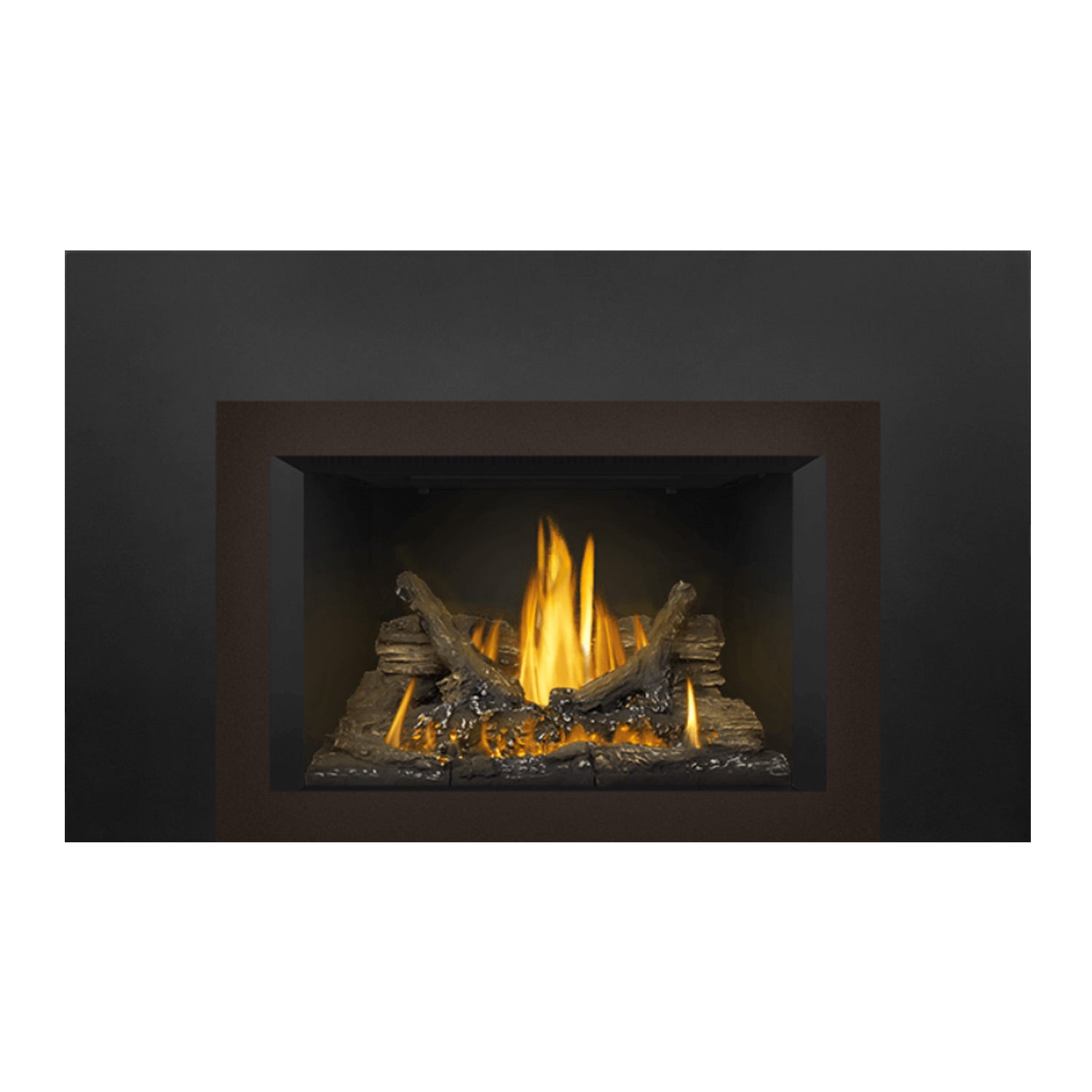 Direct vent gas fireplace insert with dark metal surround and glowing yellow flames