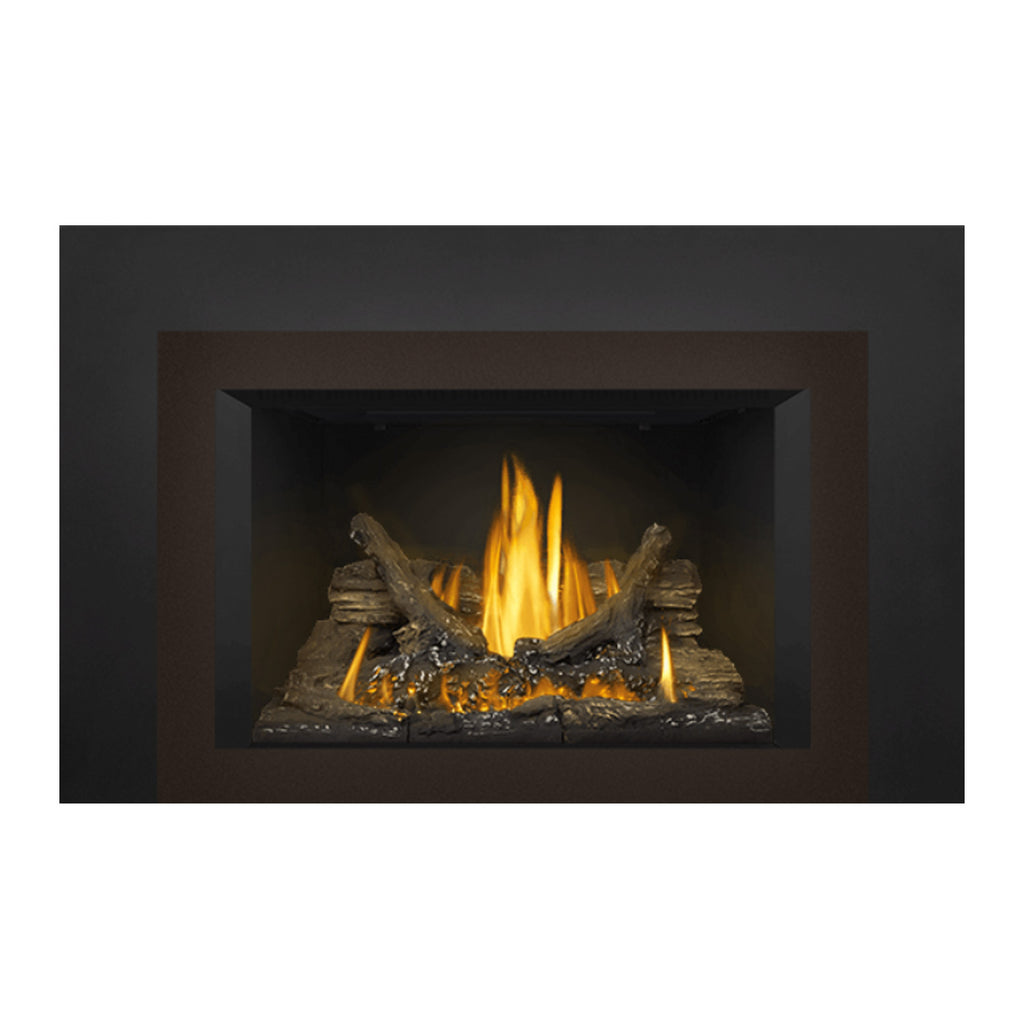 Gas fireplace insert with glowing flames, dark log set, and ember bed in the firebox