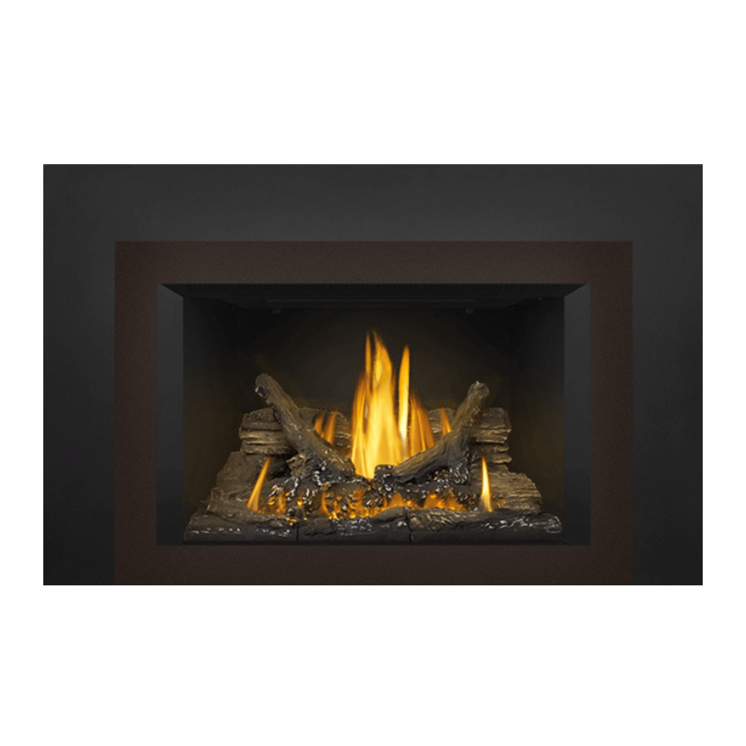 Gas fireplace insert with glowing flames, dark log set, and ember bed in the firebox